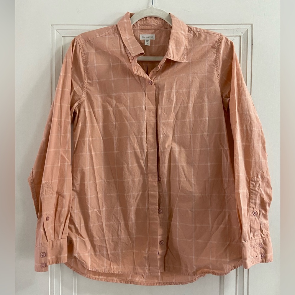 Garnet Hill Soft Organic Pima Cotton Plaid Salmon Pink White Button Up Shirt 4